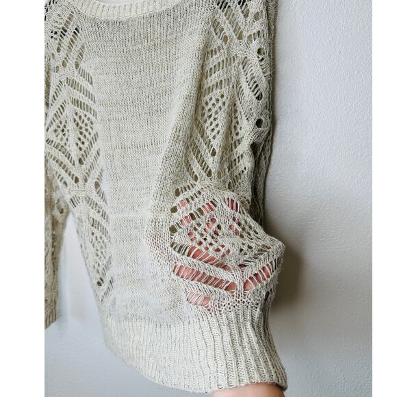 Staring at Stars Beige Tan Open Stitch Thin Round Neck Sweater Small - Picture 7 of 12